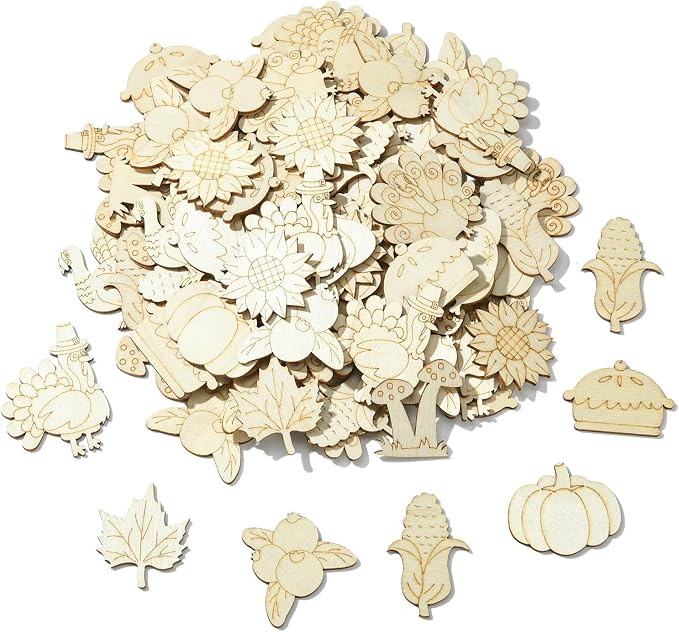 100 pcs Mixed Styles Thanksgiving Theme Unfinished Wooden Cutout Charms Pumpkin