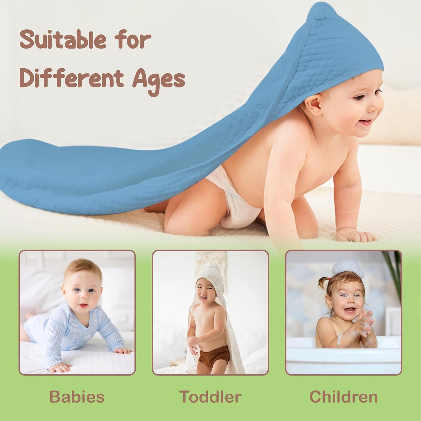 Organic Cotton Muslin Baby Hooded Towels - 32x32 Inch, 2 Pack Newborn Bath Towels for Boys & Girls, Soft & Absorbent Bath Set (Deep Blue/Aquarius)