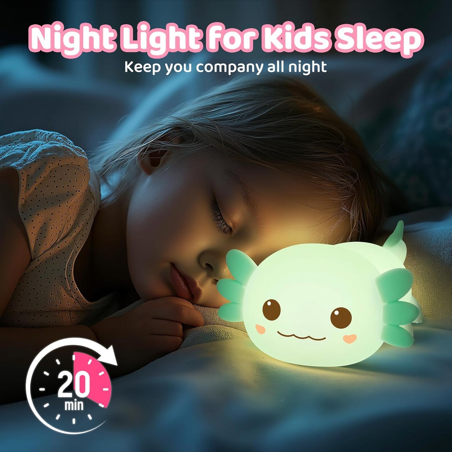 Mewaii Huggwaii Squishy Axolotl Night Light for Kids – Dimmable Silicone Axolotl Lamp, 2025 Upgraded Design, 20H Battery Life Rechargeable Lamp,Safe Sleep Aid Gift for Toddlers, Girls&Baby Room Decor