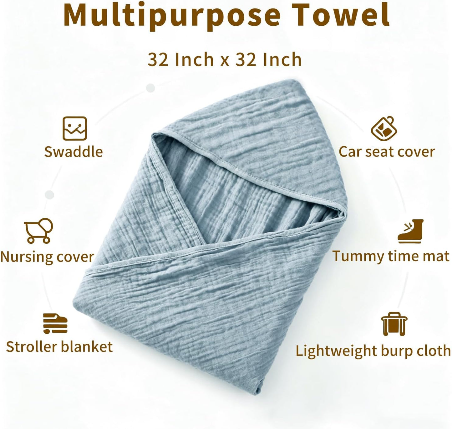 Organic Muslin Hooded Baby Bath Towels - 2 Pack 100% Organic Cotton Towel for Babies, Infants, Toddlers - 32x32Inch - Highly Absorbent and Newborn Essential(Grey Blue)