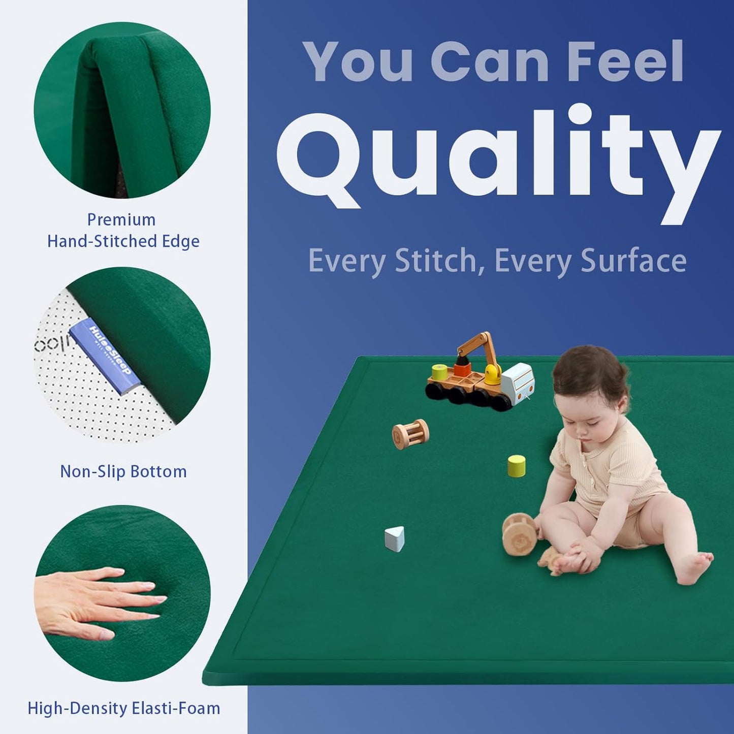 Baby Play Mat for Floor,1.3" Thick Elasti-Foam 50x50 Playpen Mats for Toddlers Infant Kids,Water-Repellent Soft Coral Velvet Tummy Time,Non Slip Crawling Rug,Tatami Mats(Dark Green)