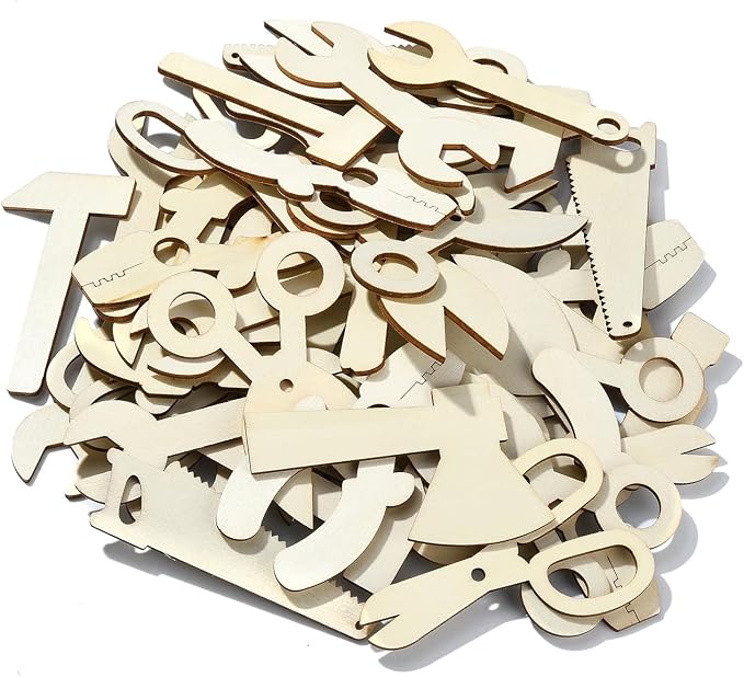 50 pcs Mixed Styles Labor Tool Theme Unfinished Wood Cutout Charms Scissors Axe