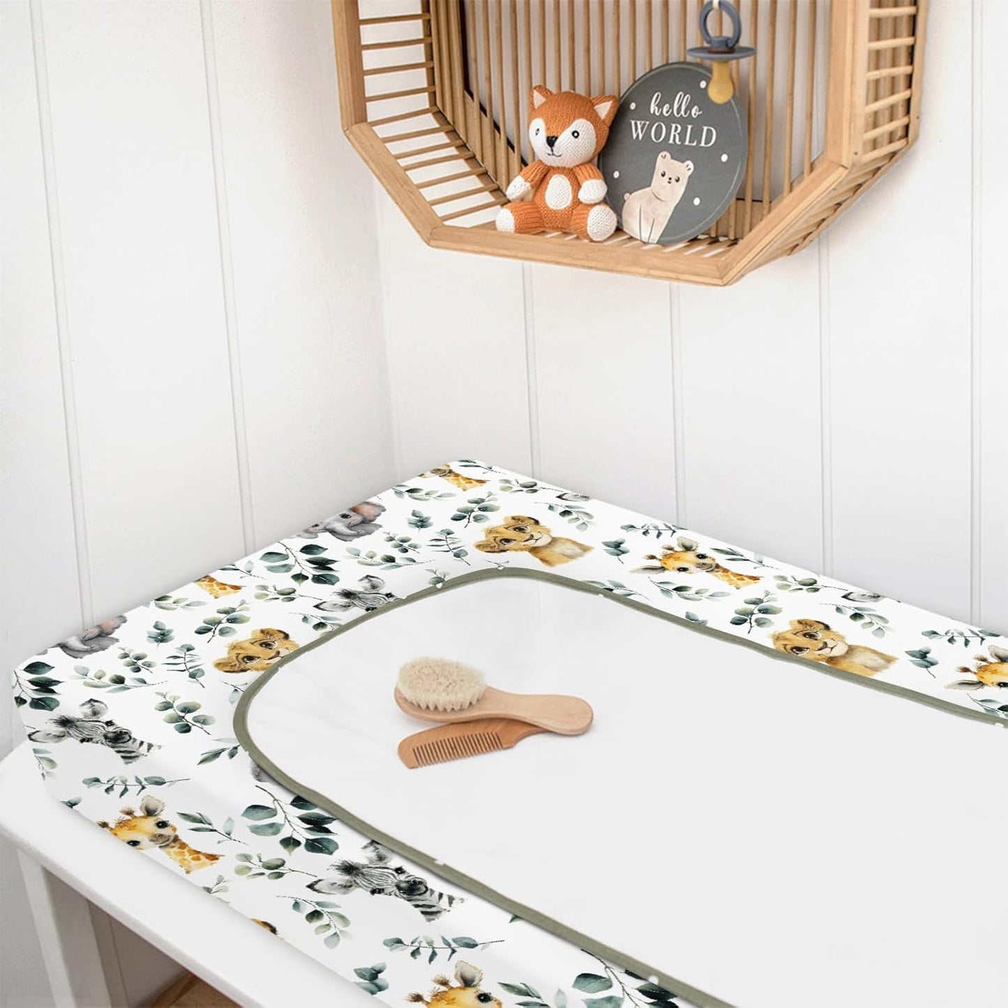HawSkgFub African Safari Jungle Animals Eucalyptus Leaf Changing Pad Cover Baby Girls Boys, Giraffe Elephant Lion Zebra Diaper Change Table Sheet, Stretchy Safe Snug Fitted Changing Mat 32"/34" x 16"