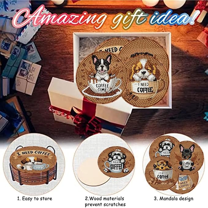 8 Pack Diamond Art Coasters, Coffee Dog Diamond Painting Coasters Kits | Dog