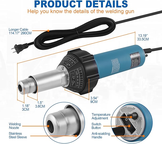 Iglobalbuy 1600W Hot Air Plastic Welder, 110V Plastic Welding Roofing Kit Vinyl PVC TPO Welding Handheld Plastic Hot Air Heat Gun Welding Torch w/Various Nozzles