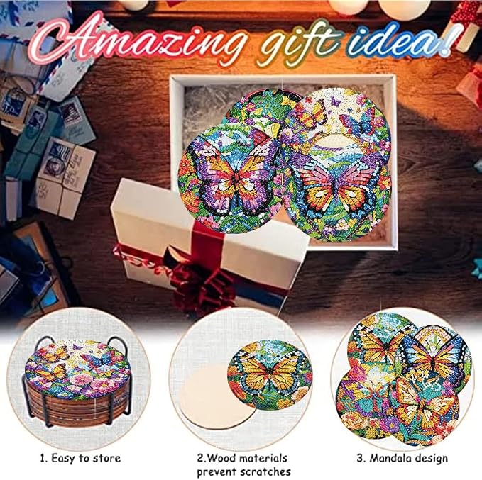8 Pack Diamond Art Coasters, Butterfly Diamond Painting Coasters Kits |