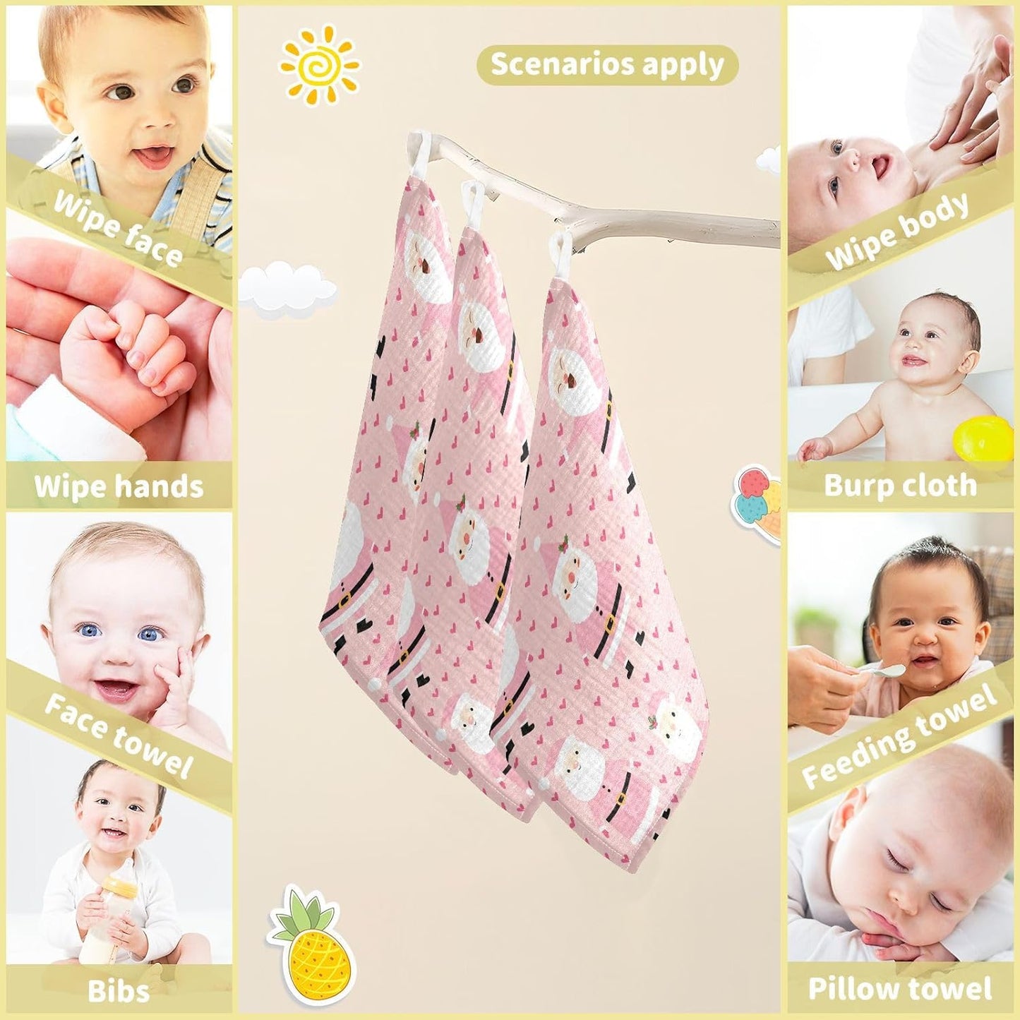 Pink Christmas Santa Claus Muslin Burp Cloths Baby Burp Cloths for Boys Girls Cute Hearts Baby Muslin Washcloths Baby Essentials for Newborn Soft Absorbent 12x12in,3 Pack
