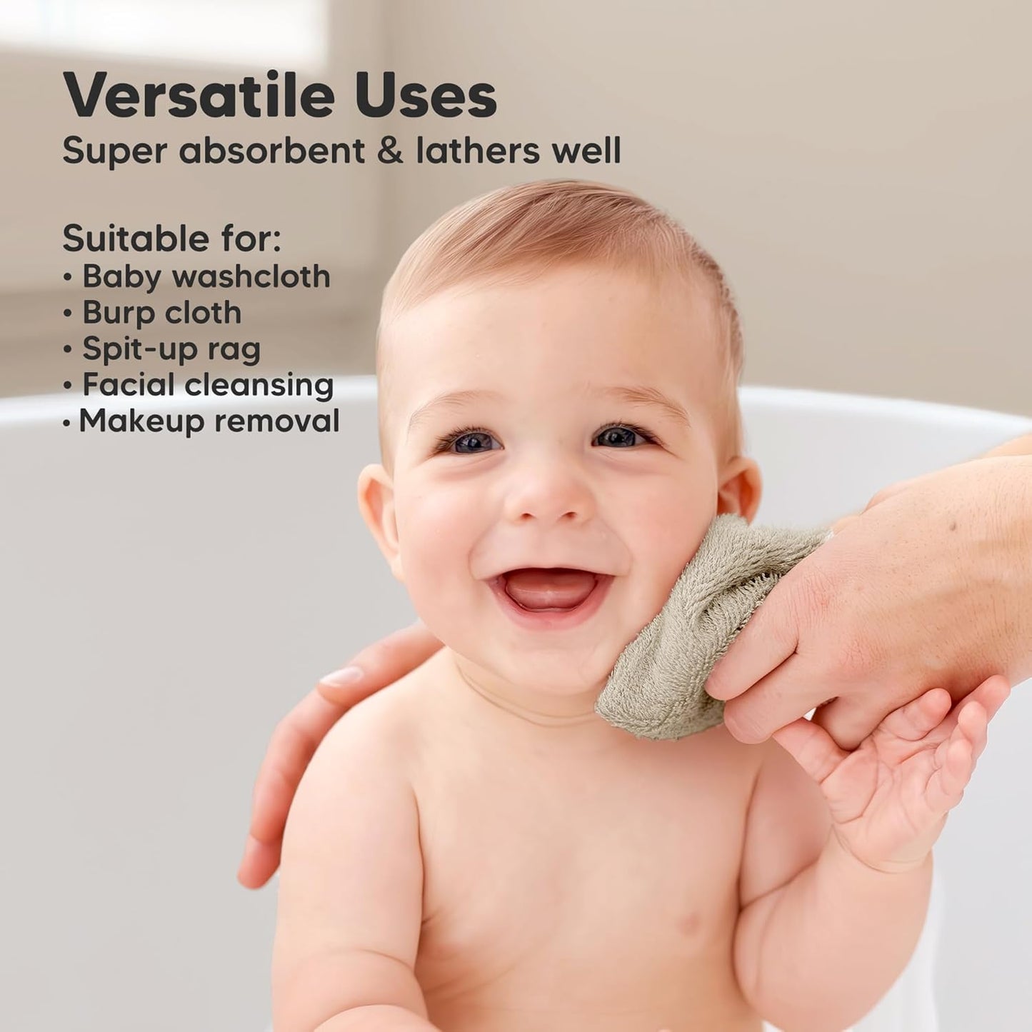 6-Pack Baby Washcloths - Soft Absorbent Viscose from Bamboo Wash Cloths for Babies, Kids, Toddlers, Infant, Newborn Bath Towels, Gentle on Sensitive Skin, 10x10 Reusable Face Towels (Khaki)