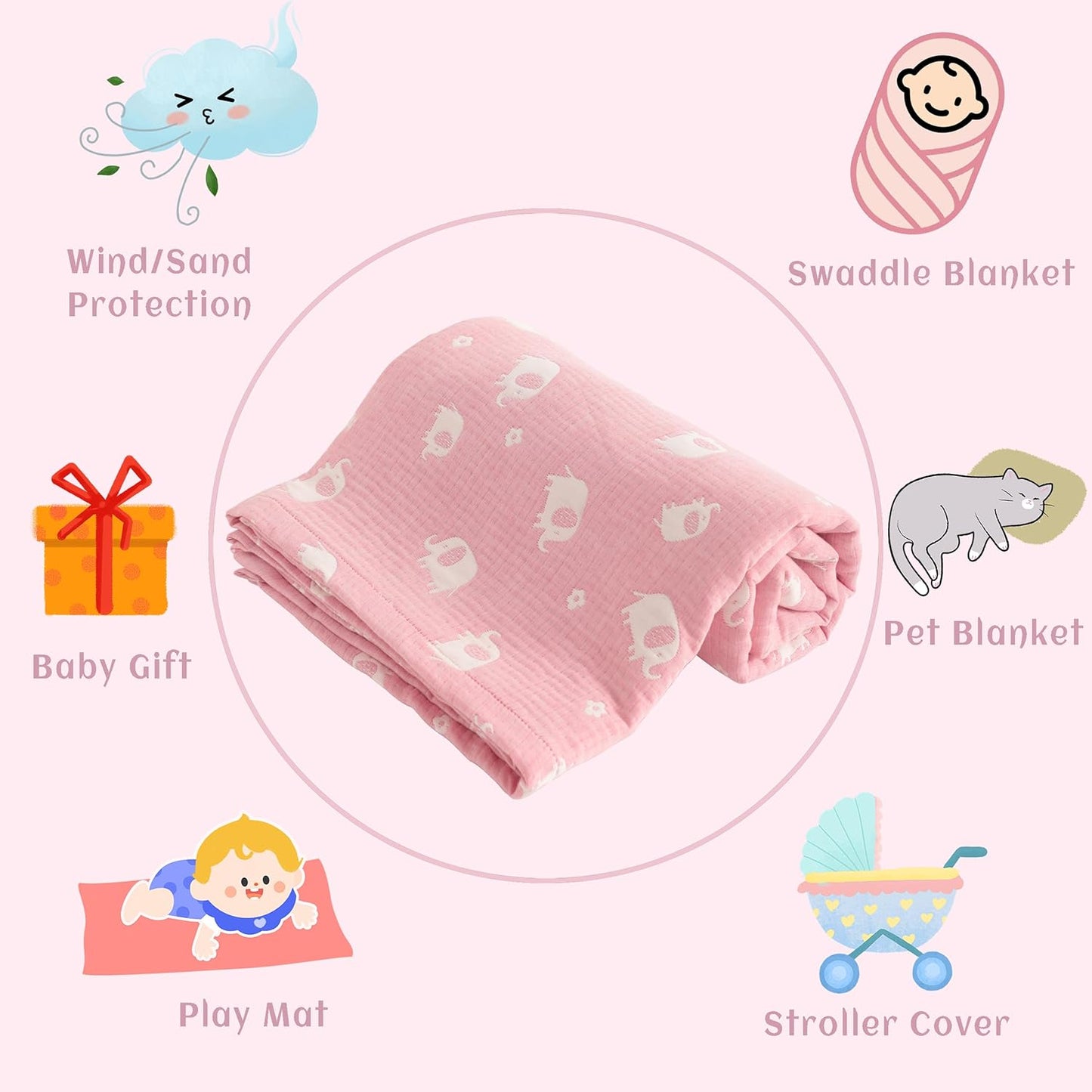 NTBAY 3 Layer Muslin Cotton Toddler Blanket, Jacquard Reversible Nursery Bed Blanket, Super Soft and Thermal for All Seasons, Decoration Gift, 30"x40", Pink Elephant