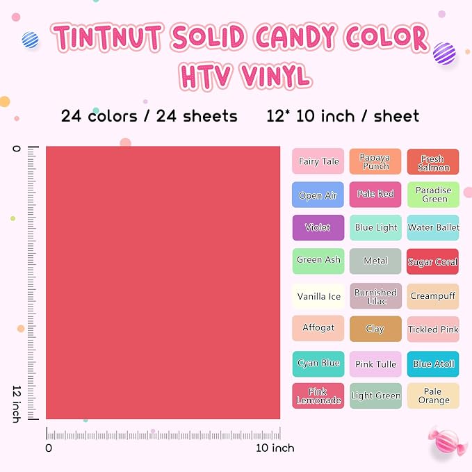 Tintnut Candy Color Heat Transfer Vinyl, 24 Sheets 12×10in Iron on Vinyl |