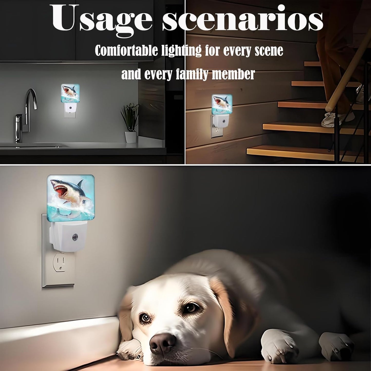 Great White Shark Night Light,Plug Into Wall for Boys Girls Bedroom Decorative Square Night Light Lamp 0.5w Sleep Friendly