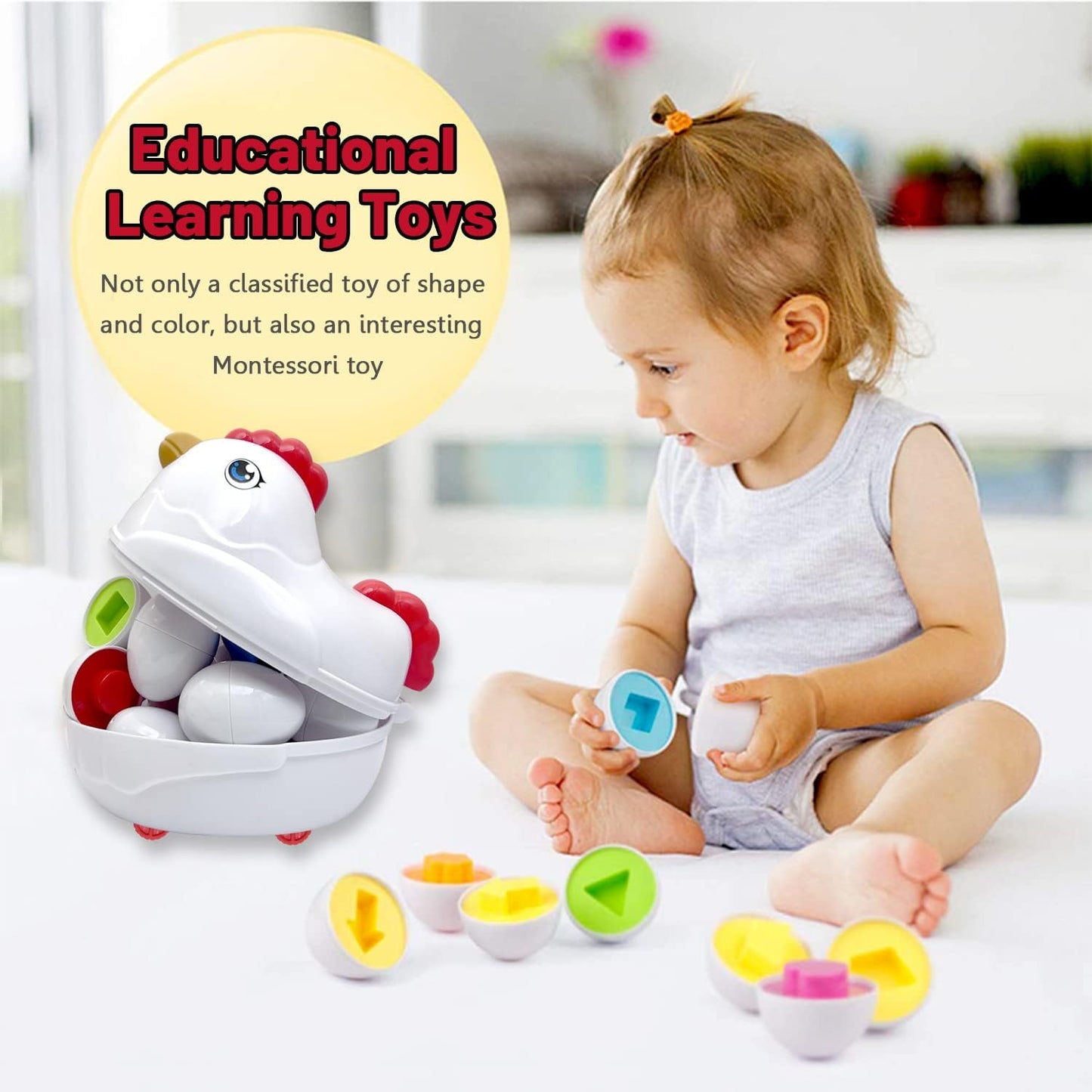 Easter Matching Eggs Toddler Toy with Push & Pull Chicken Box, 12 Pcs Montessori Sorter Learning Educational Toy, Multiple Shapes and Colors Fine Motor Skills Sensory Toy, Gift for Boys Girls