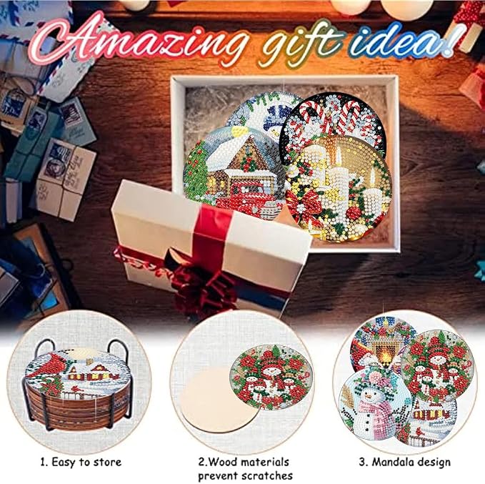 8 Pack Christmas Diamond Art Coasters, Diamond Painting Coasters Kits |