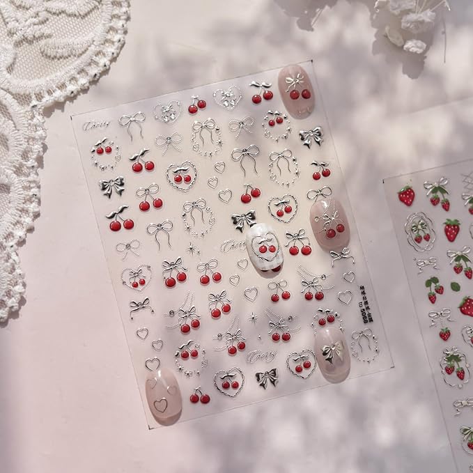 Cherry Nail Art Stickers Summer Cherry Nail Stickers 5D Embossed Gold Cherries