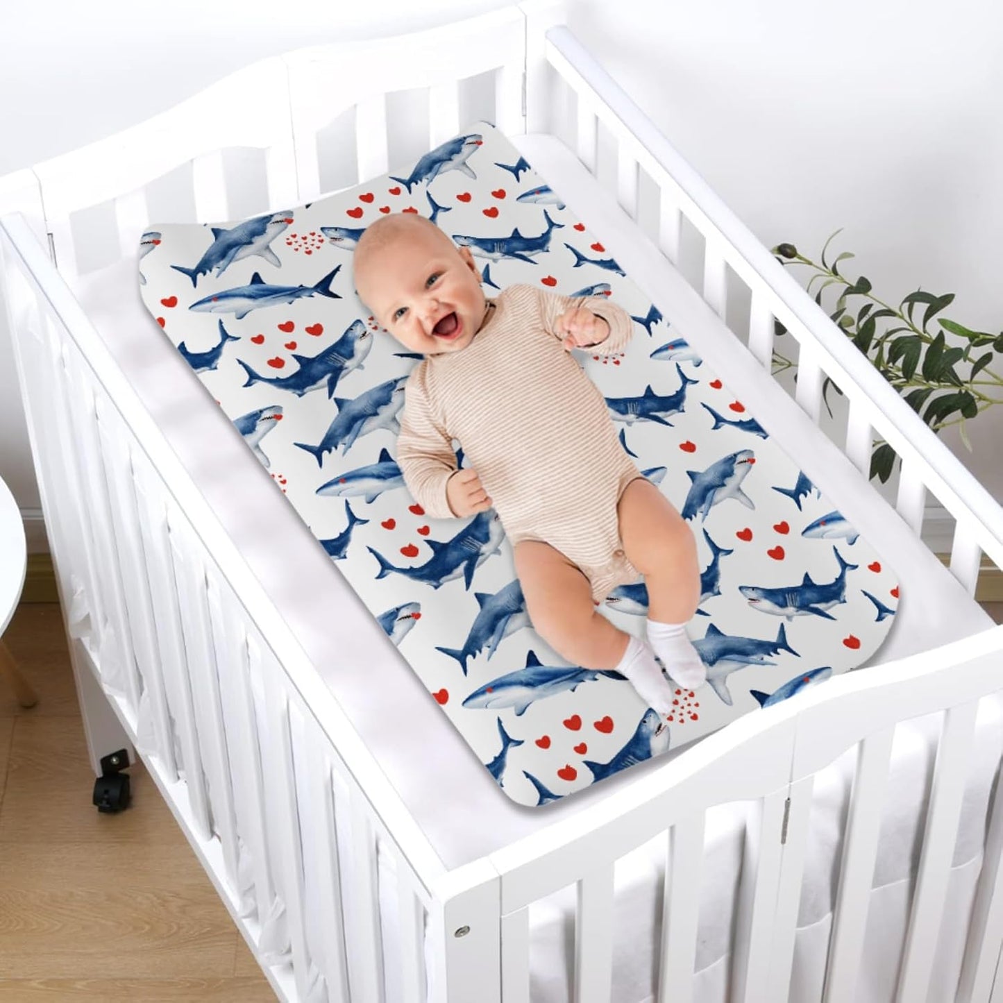 Sea Shark Love Changing Pad Cover Marine Ocean Animal Shark Hearts Baby Nursery Diaper Changing Pad Sheets for Boys Girls Soft Stretch Fitted Changing Table Mat Cover 32''x16''