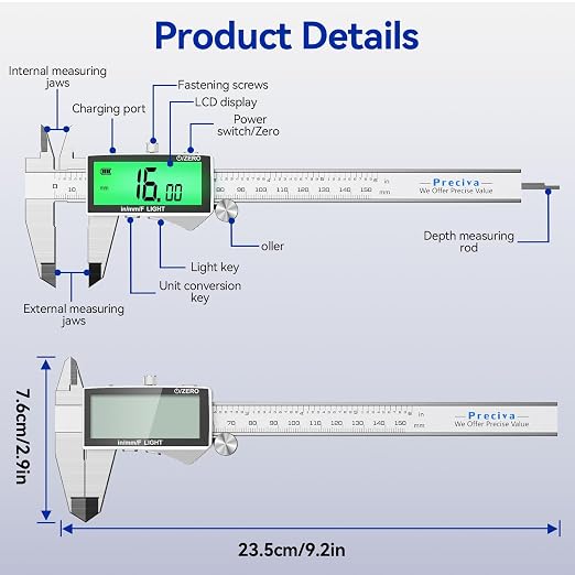 Rechargeable Digital Caliper 6 Inch, High-Precision Stainless Steel Vernier