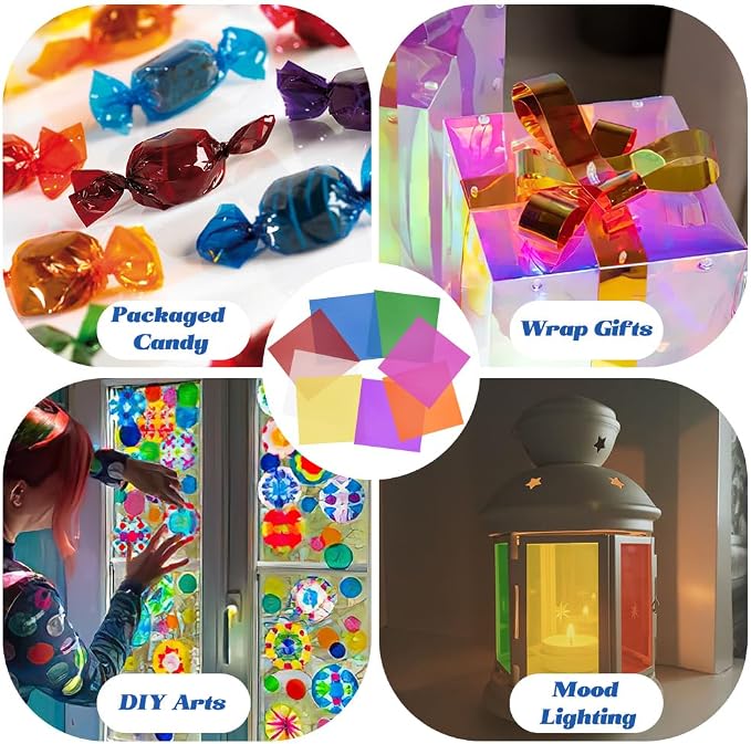 Cellophane Wrap, 8 Multi-Colors Colored Cellophane, 7.5x7.5 Inch Transparent