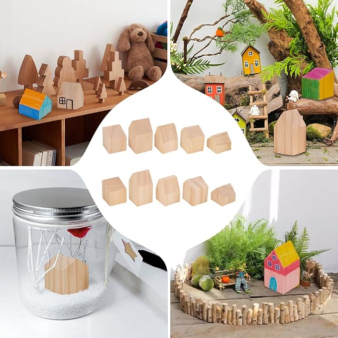 NBEADS 10 Pcs Unfinished Wooden House Shaped Blocks, Large Wood Blocks