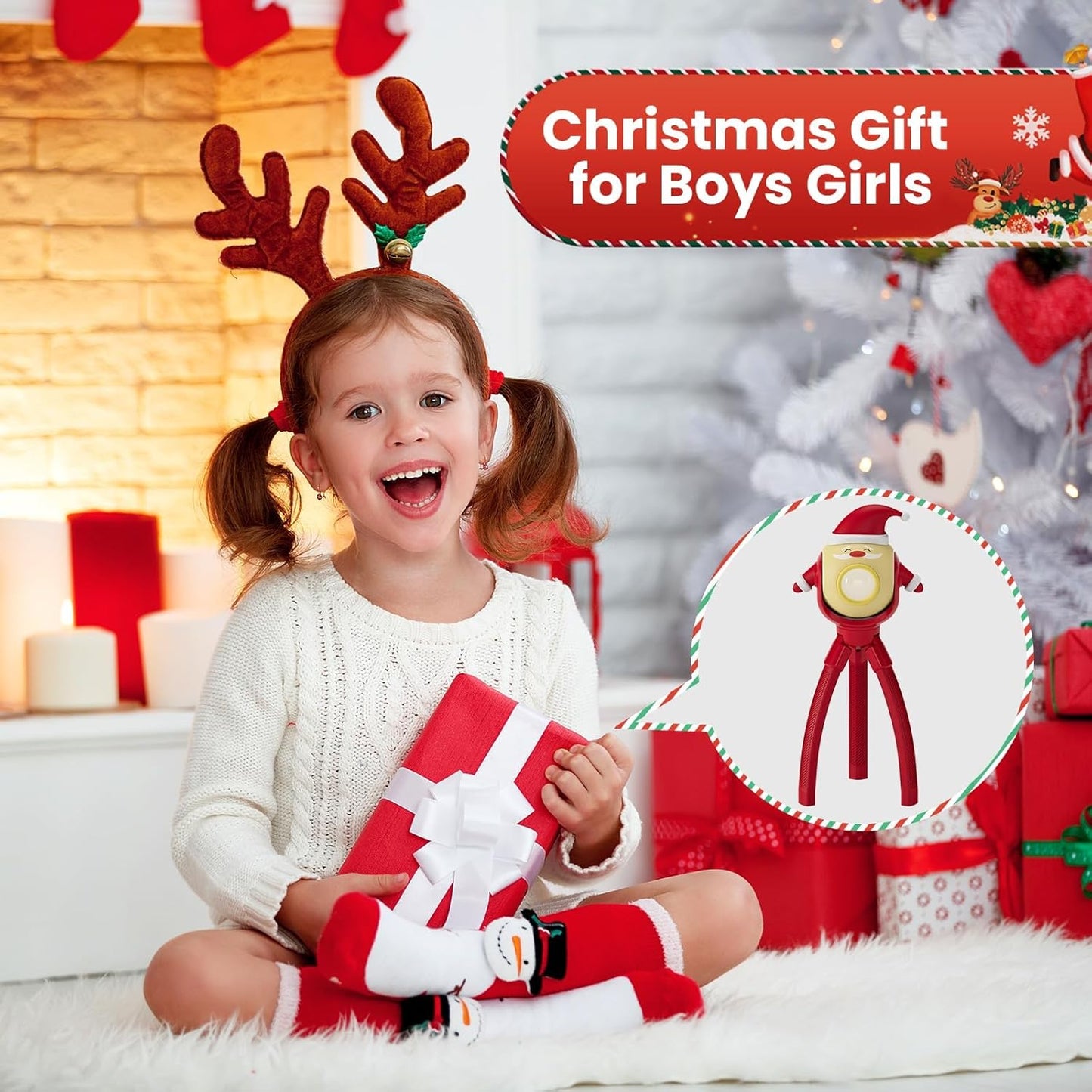 TOLYS Santa Claus Kids Flashlight – Rechargeable LED Torch with 8 Songs, USB-C, Fun Flashlight for Boys & Girls, Perfect for Parties, Camping & Outdoor Adventures