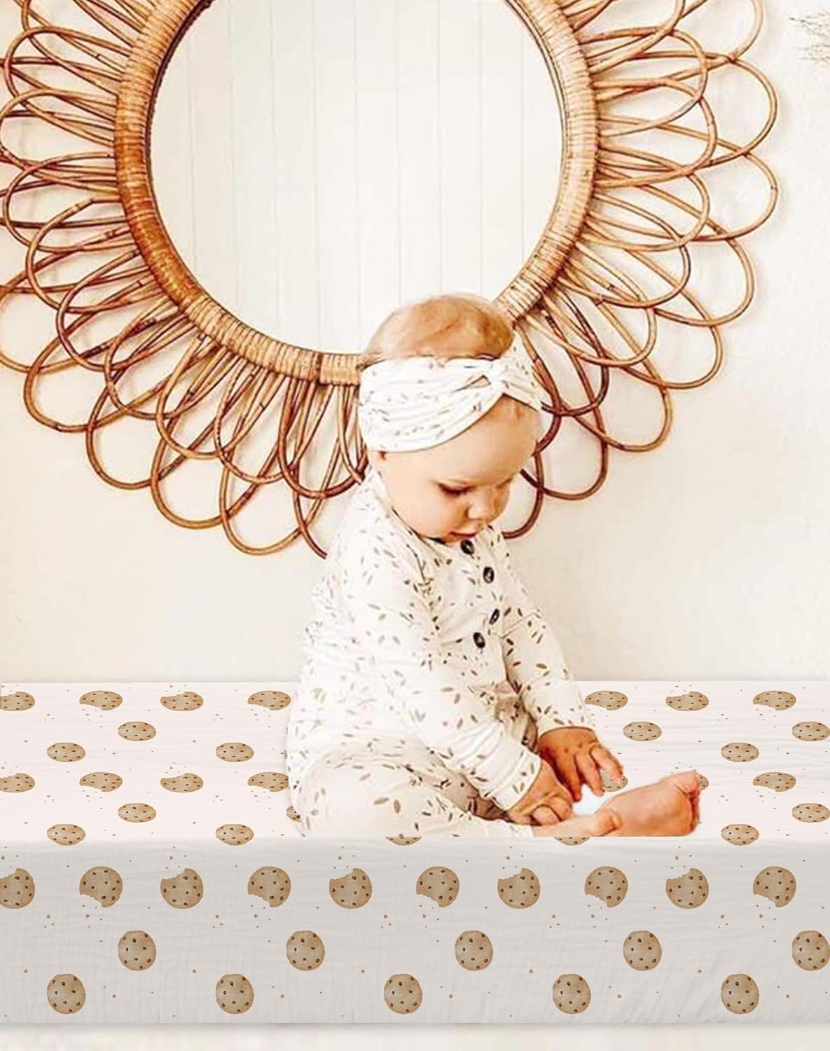 Changing Pad Cover for Baby Boy Girl 2 Pack, Muslin Changing Table Pad Covers with Boho Style, Neutral Nursery Bedding Essentials Soft and Breathable (Cookie & Light Khaki)