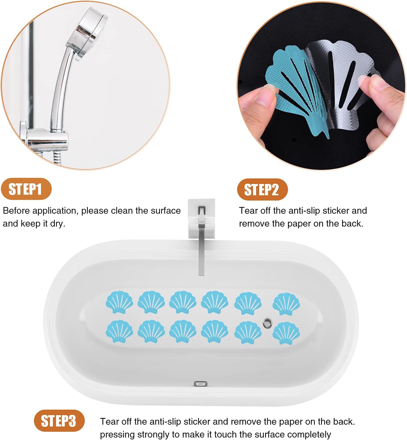 Non-Slip Bathtub Stickers, 24 PCS Shell Safety Bathroom Tubs Showers Treads Adhesive Decals Scraper (Blue)