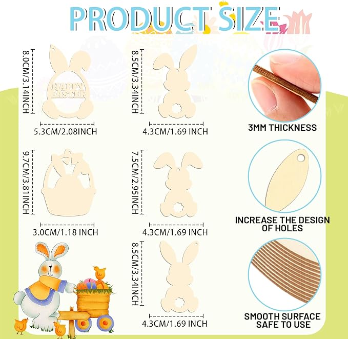 30Pcs Paintable Wooden Easter Bunnies Ornaments Unfinished Wood Cutouts