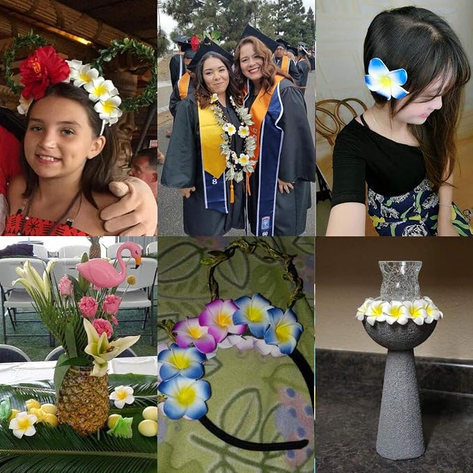 Pursuestar 100Pcs Blue Foam Hawaiian Frangipani Artificial Plumeria Flower