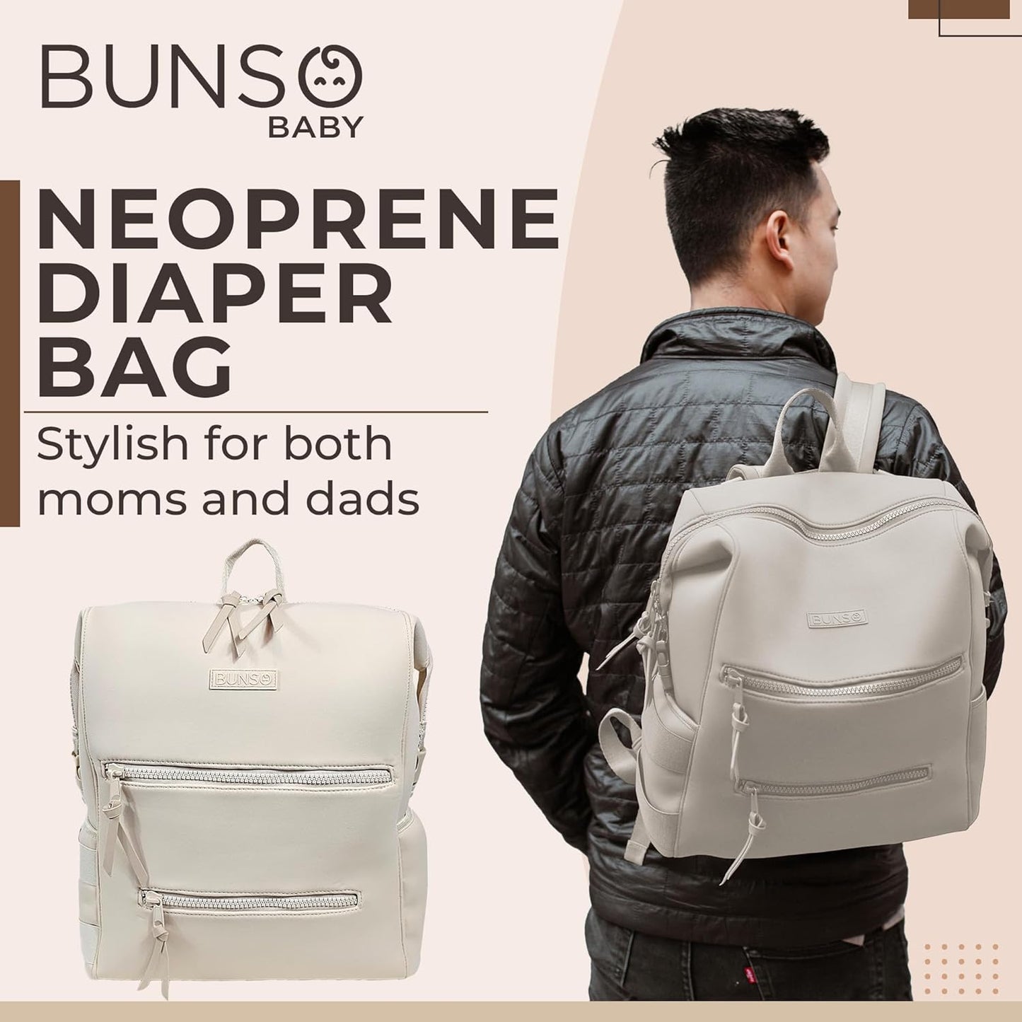Neoprene Diaper Bag, Minimalist Backpack Diaper Bag with Pouch, Changing Pad, and Stroller Straps, Water Resistant and Lightweight Baby Girl Diaper Bag, Diaper Bag Backpack, Cream