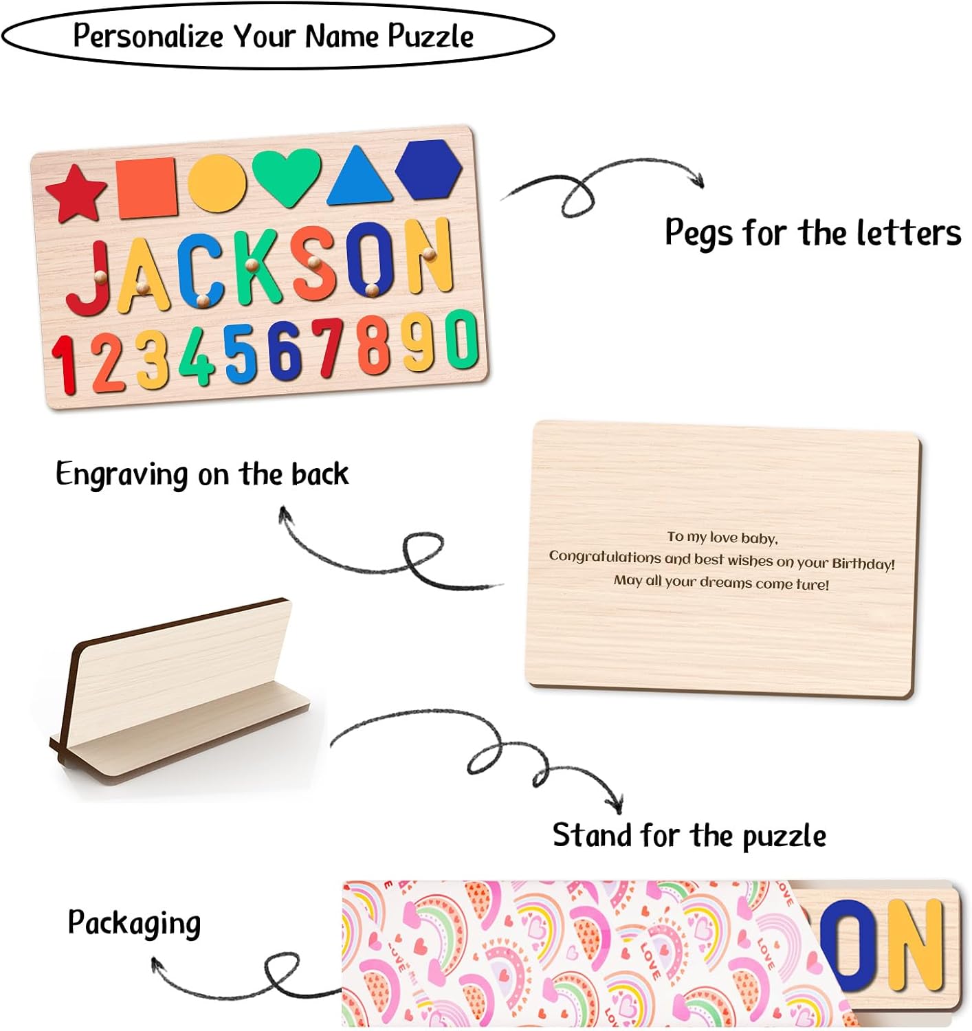 Name Puzzle for Kids Personalized, Custom Wooden Number Puzzles for Toddlers 1-3 with Shape, Personalized Baby Gifts Educational Toys for 1 Year Old Girl Gifts for Birthday Baptism