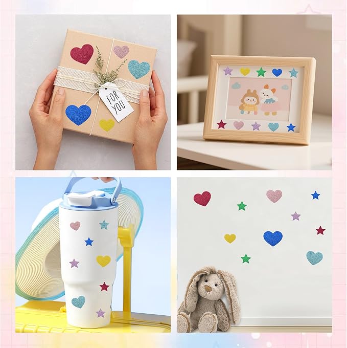 BEISHIDA 1040 PCS Glitter Foam Stickers, Heart Stars Shapes Self-Adhesive