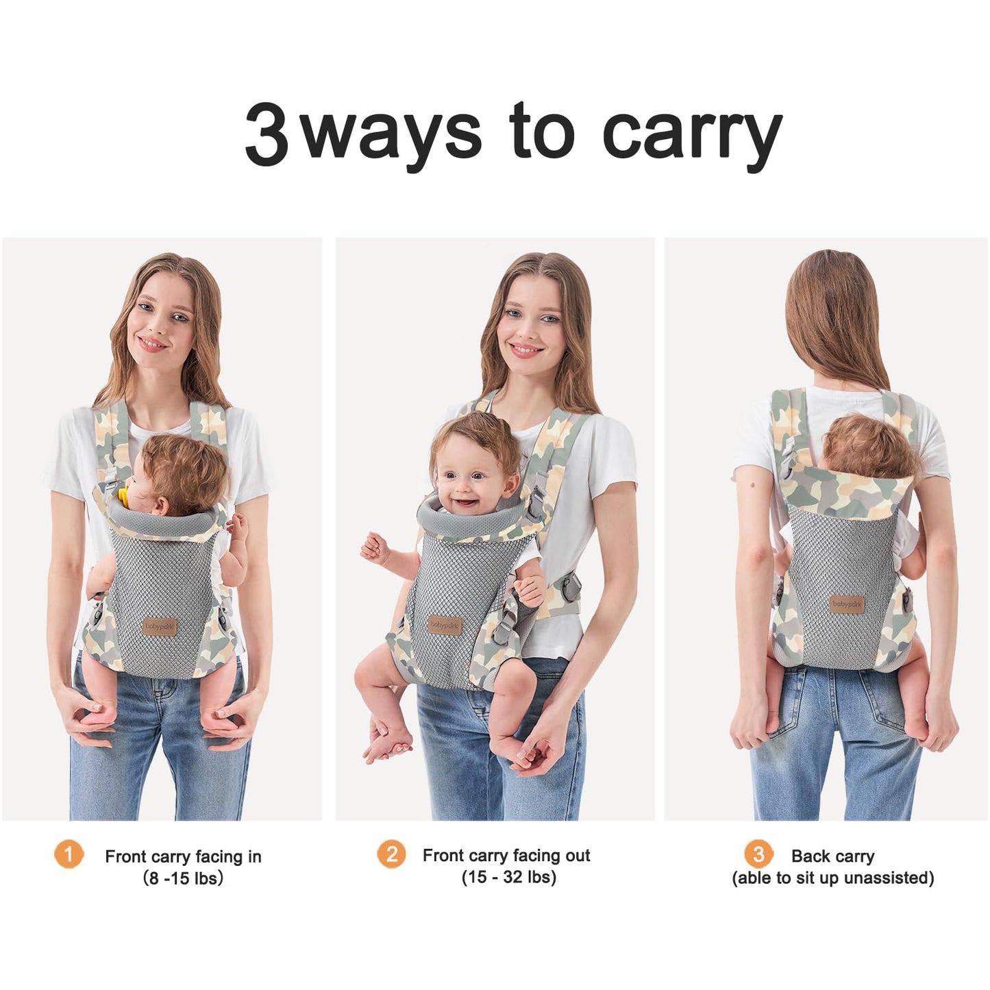 3-in-1 Baby Carrier Newborn to Toddler - Ergonomic(7.5-45lbs),Cozy Baby Carrier,Enhanced Lumbar Support,Easily AdjustableLightweight & Breathable Child Carrier(Camouflage)
