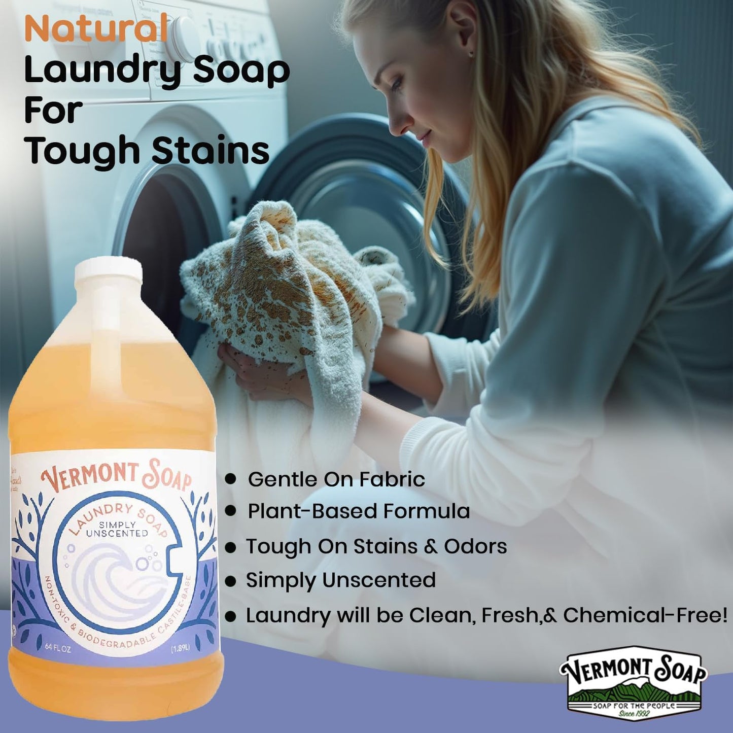 Vermont Soap Laundry Detergent, Laundry Soap, Natural Laundry Detergent Liquid, Baby Detergent, washing — Simply Unscented, 64 Fl Oz