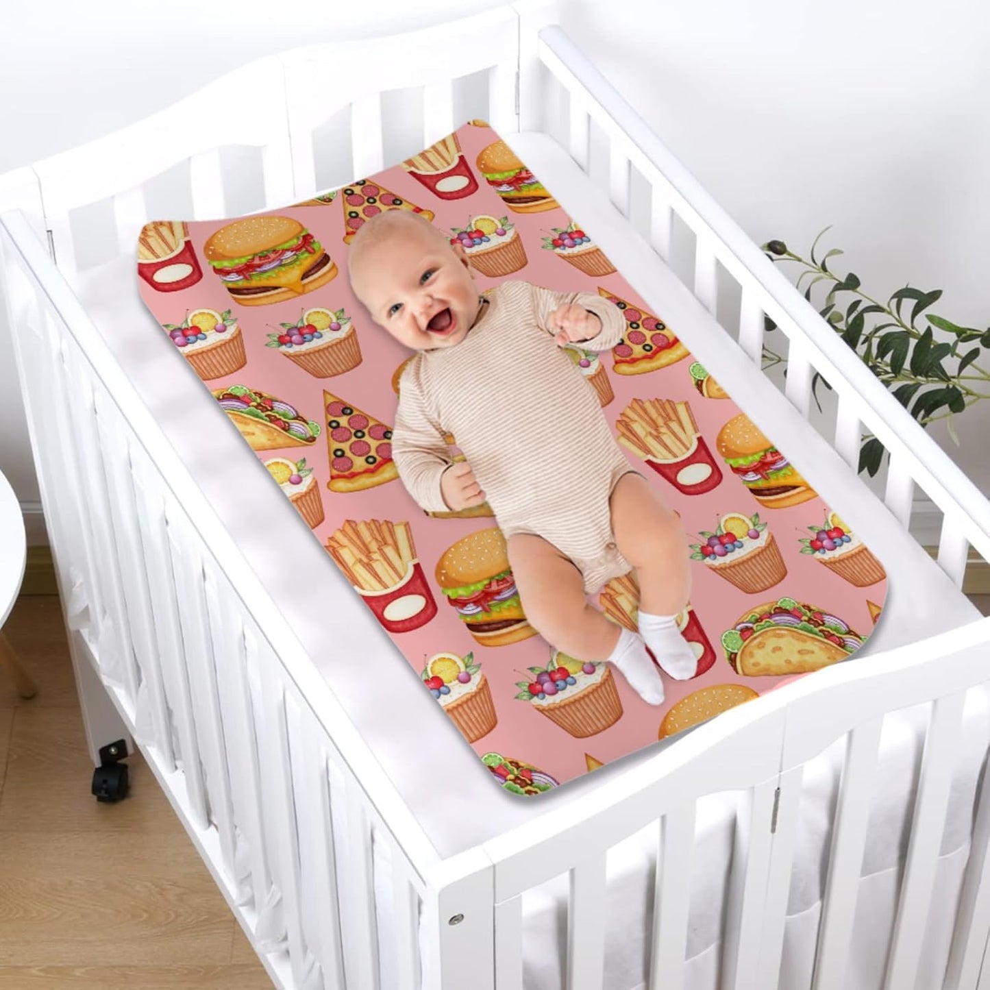 Funny Burger French Fries Cupcake Pizza Diaper Changing Pad Cover Sheets for Boys & Girls 32''x16'' Unisex Fitted Diaper Changing Table Cover Mats Comfort Soft Breathable Cradle & Bassinet Sheets