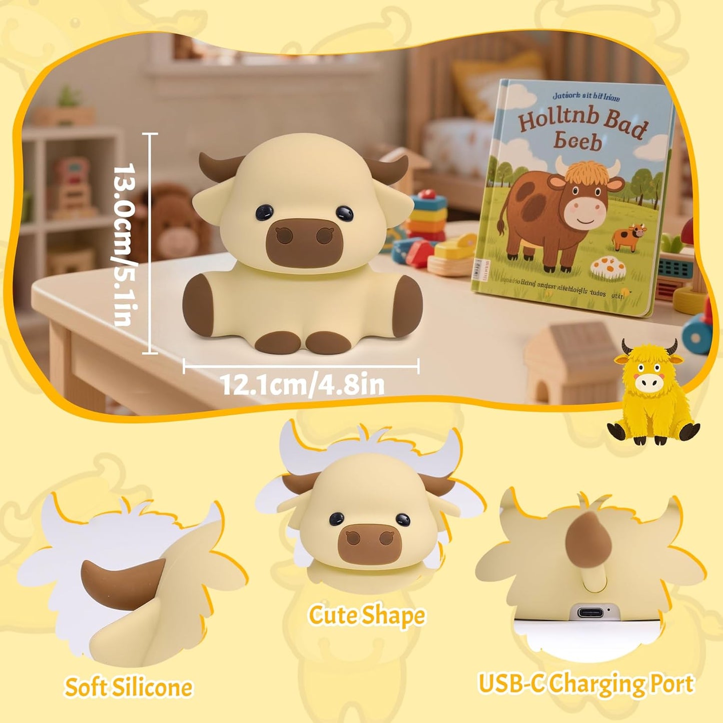 Highland Cow Lamp, Dimmable Silicone Touch Night Light, Soft Glow Bedside Lamp for Bedroom or Desk Decor, Highland Cow Gifts, USB Powered with Gentle Illumination