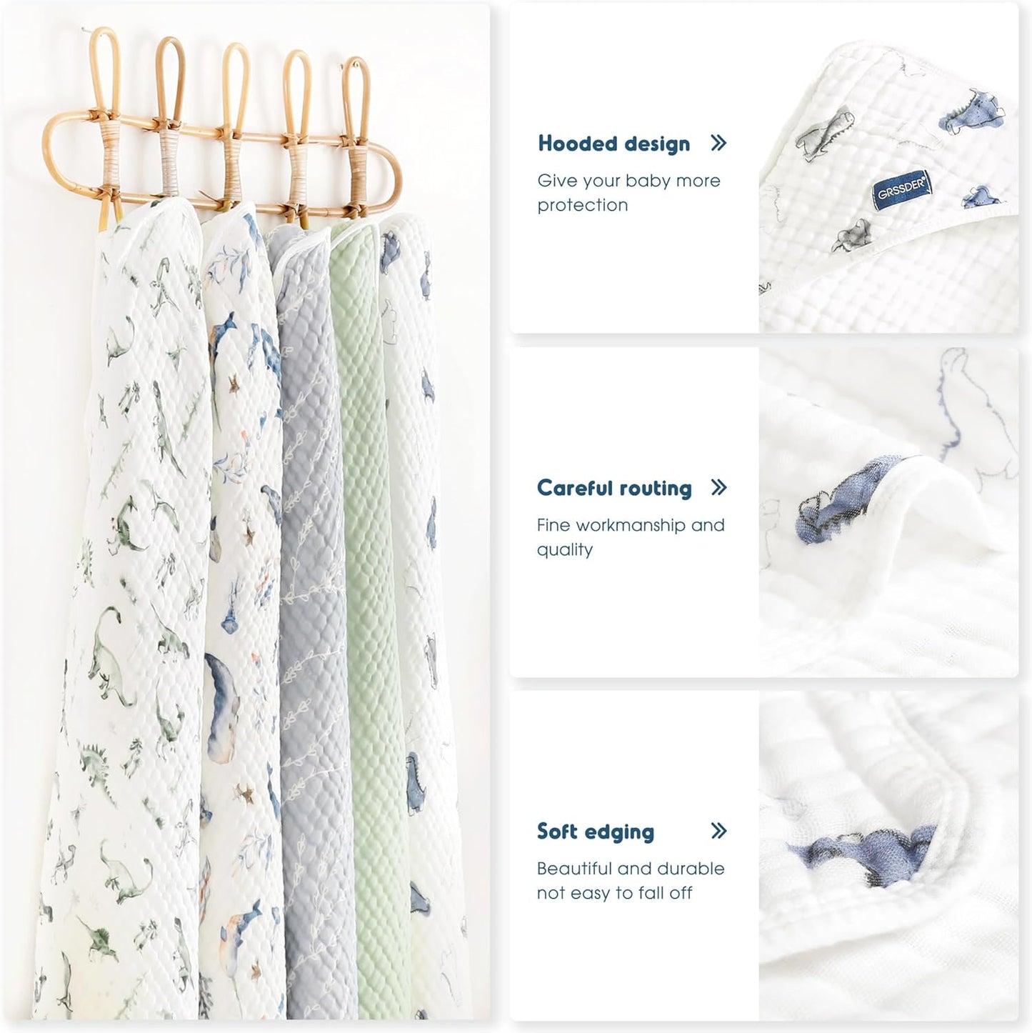 GRSSDER Ultra Soft Absorbent Muslin Cotton Baby Hooded Towel 2 Pack with Original Patterns, Extra Large Size 35"x 35" Swaddle Wrap for Newborn Infant and Toddler