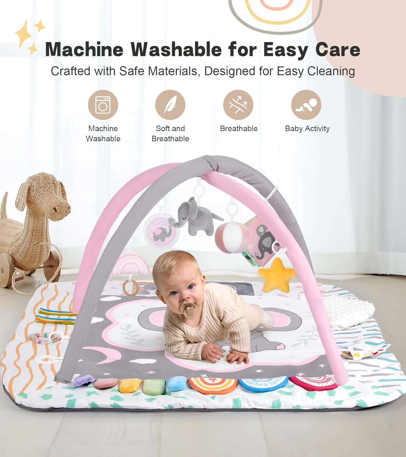 Baby Play Mat Activity Gym with Tummy Time Pillow, 6 Developmental Zones Tummy Time Mat, 6 Detachable Sensory Toys and Educational Cards, Essential Baby Shower Set, Pink Elephant