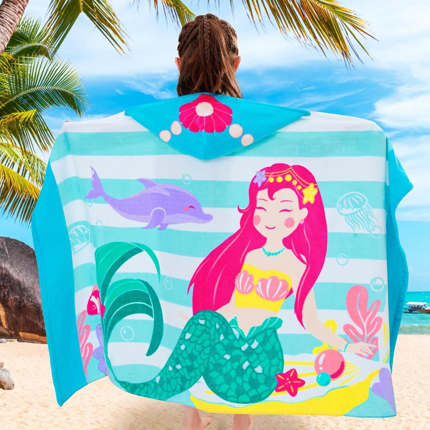 VOOVA & MOVAS Toddler Bath Towels Age 3-10, 30''X50,100% Cotton | Soft | Thick, Hooded Towel for Kids Girls, Perfect for Beach, Pool, Bath,Swim, Stripe Mermaid