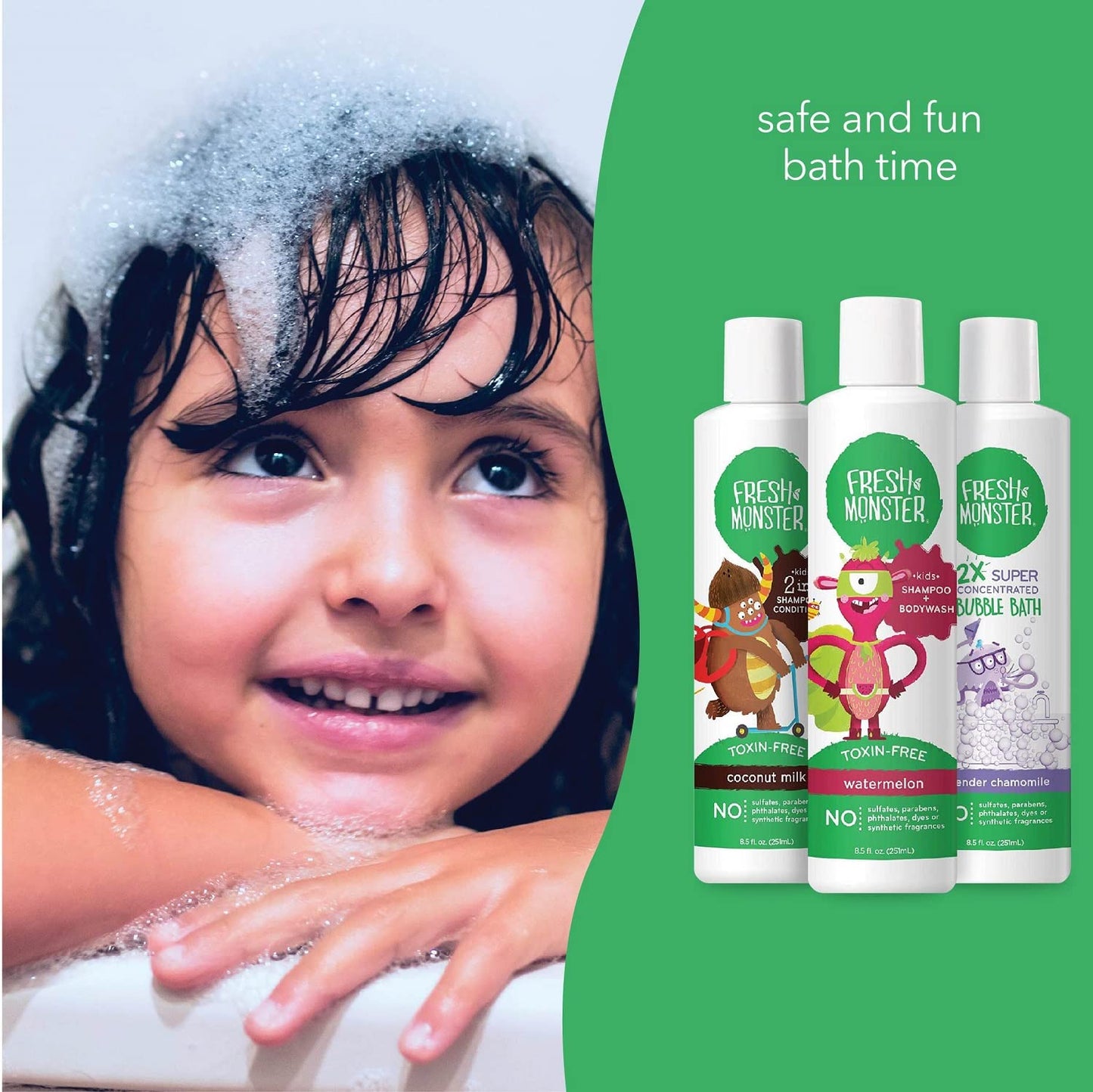 Fresh Monster Kids and Baby Bath Gift Set: Coloring Box, Natural Shampoo & Conditioner, Body Wash, and Bubble Bath (8.5 oz Each)