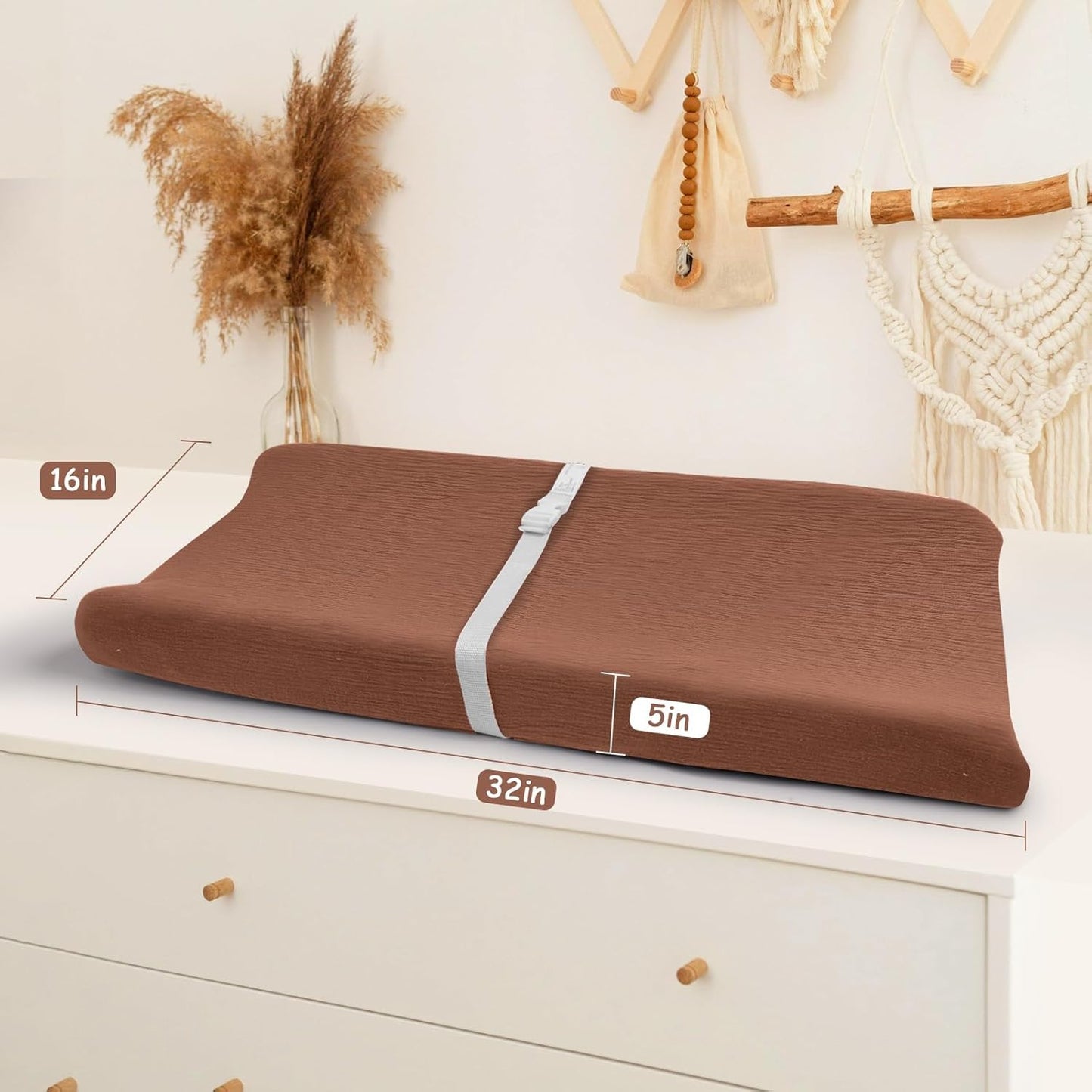 3 Pack Muslin Changing Pad Cover, Solid Changing Table Pad Cover, Soft Breathable Double Layer Boho Changing Pad Sheets Fit for Standard Changing Pad 16" x 32" (White & Sand & Brick)
