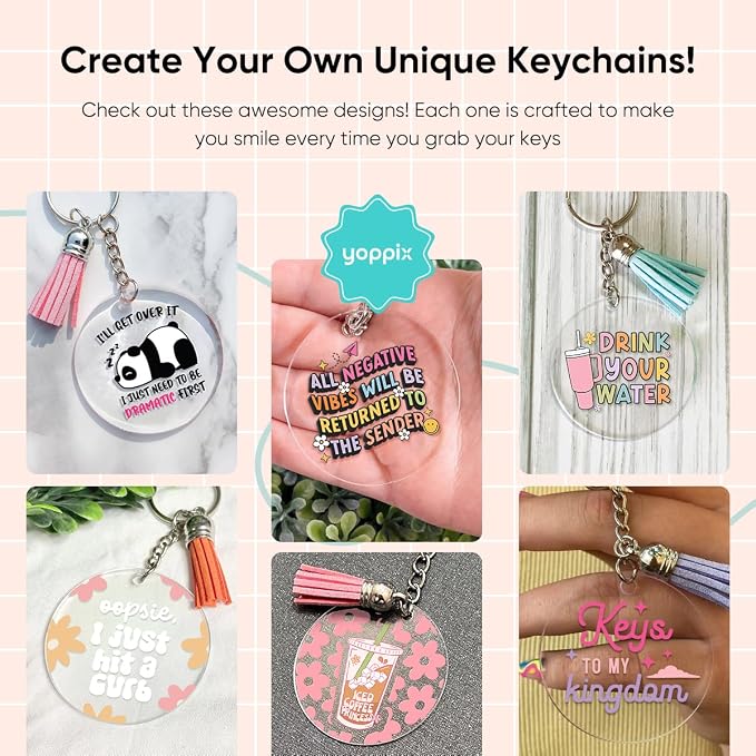 YOPPIX 140 PCS Acrylic Keychain Blank Set, Funny Double-Sided UV DTF Stickers