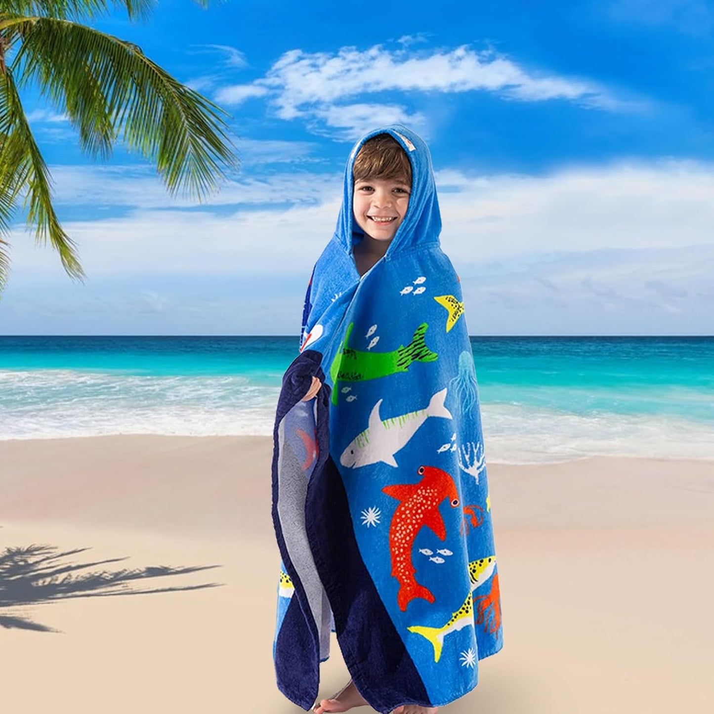 VOOVA & MOVAS Hooded Towel for Toddlers 3-10 Years,30''X50'',Soft | Thick | Cotton | Absorbent | Large Beach | Pool | Bath | Swim Towels | Cover up for Boys, Shark Fish