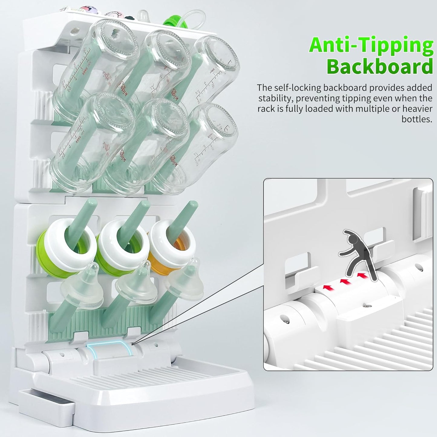Baby Bottle Drying Rack for 12 Bottles, Space Saving Countertop Vertical Standing Bottle Dryer Rack for Baby Accessories & Pump Parts (Large White&Green)