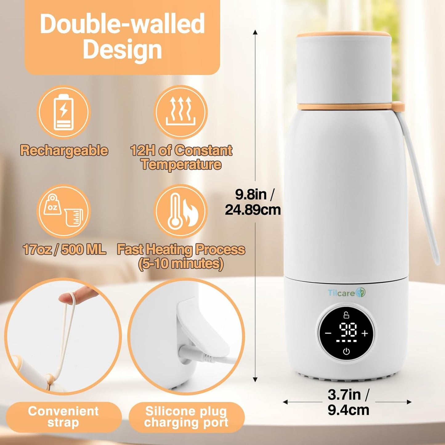 Portable Bottle Warmer for Travel - Fast Heat Travel Bottle Warmer for Breastmilk, USB Calentador De Biberones on The Go17oz 12H Baby Bottle Milk Warmer - Wireless Car Bottle Water Warmer, Orange