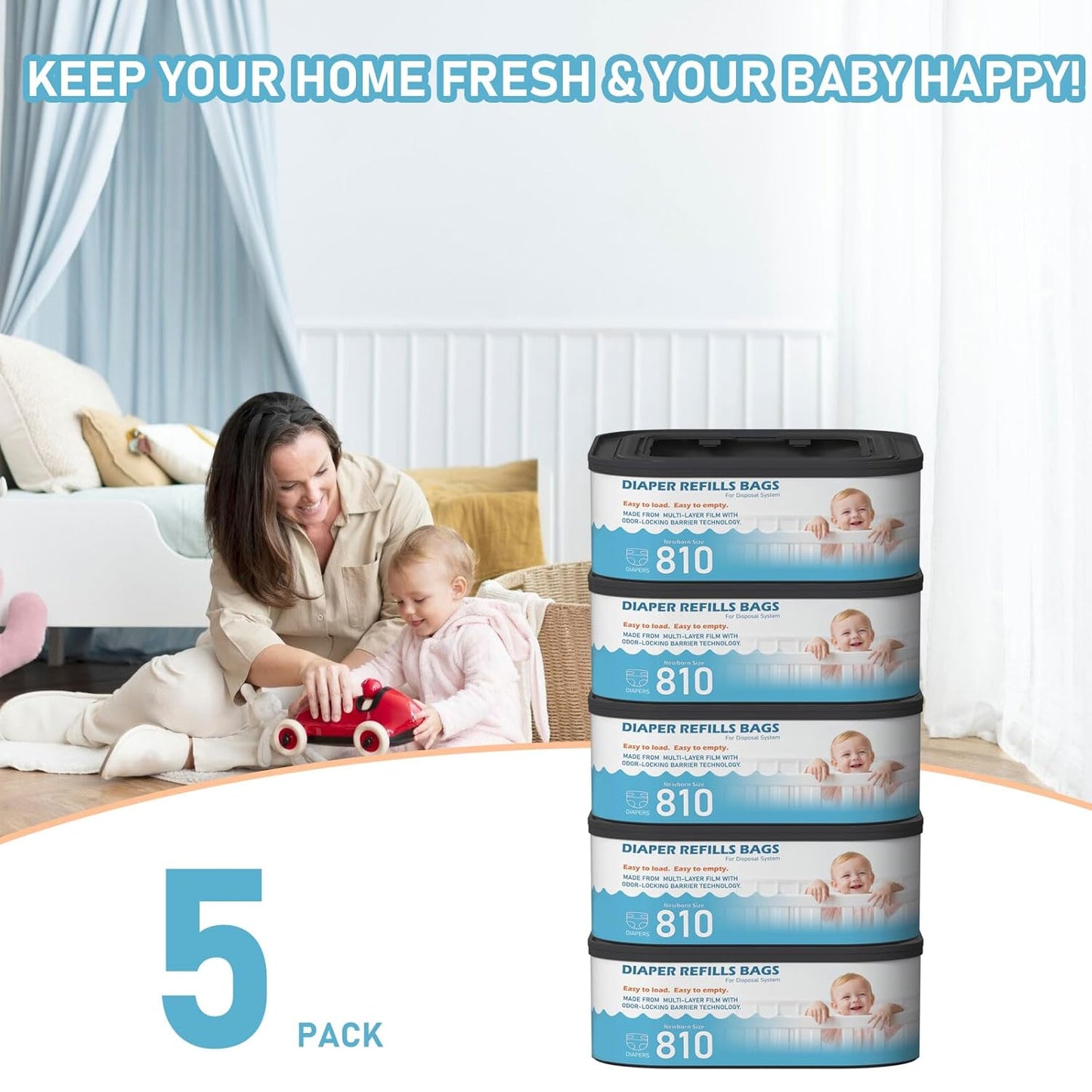 Jumbo Square Refills Disposal Bags Refill Compatible with Diaper Genie Classic, Compact and Select Pails, Hold Up to 810 Newborn-Sized Diapers Per Refill, Baby Powder Scent, 5 Packs