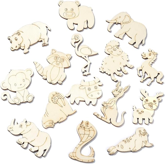 100 Pcs Unfinished Wooden Animal Cutouts Cute Blank Wood Slices
