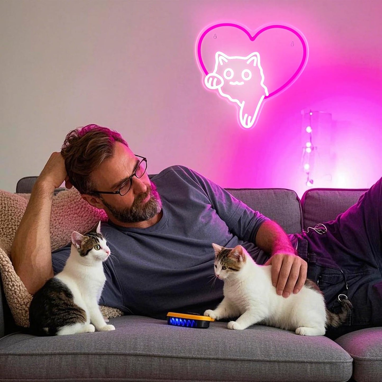 Cat Neon Sign – Cute Pink Heart Cat LED Lights, Dimmable Animal Neon Wall Decor, Cat Lover Gift, Bedroom Wall Art, Living Room, Game Room, Pet Shop, Kawaii Home Accent(12.91 × 13.11 in)
