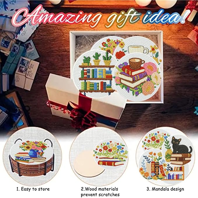 8 Pack Diamond Art Coasters, Bookshelf Diamond Painting Coasters Kits | Books