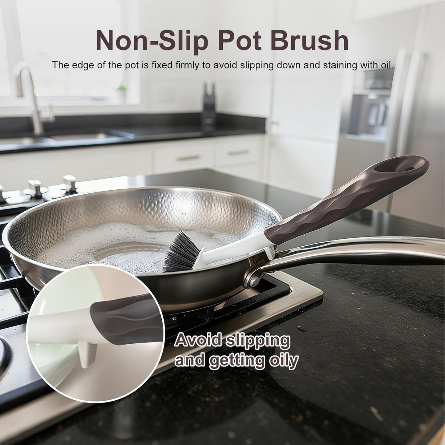 Dish Brush, 2 Pack with Comfortable Handle, with Built-in Scraper, Scrub Brush with Stiff Bristles for Cleaning Dishes, Sink, Pots (Brown)