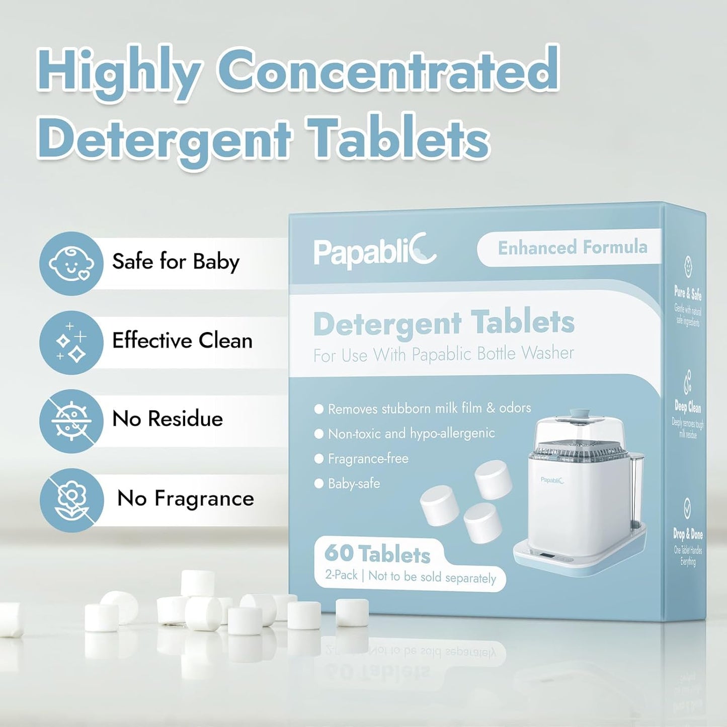 Papablic 60Pcs Official Detergent Soap Tablets for Baby Brezza, GROWNSY, Momcozy Bottle Washer Pro & Portable Bottle Warmer, Compact Travel-Friendly Packs Washing Block
