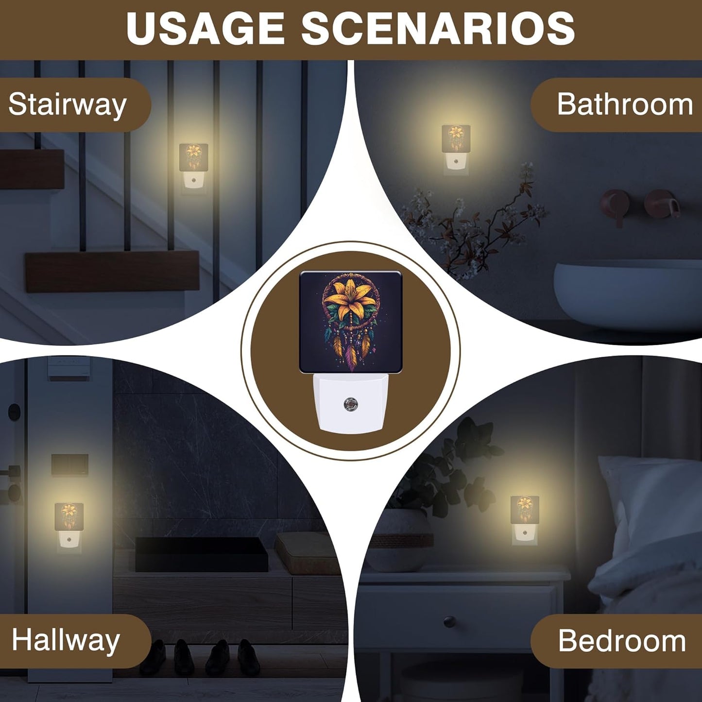 Dream Catcher Flowers Night Light, Colorful Feathers Plug-in Nightlight with Dusk to Dawn Auto Sensor for Home Bedroom Hallway Kitchen 0.5W Sleep Friendly Led Lamp for Women Men